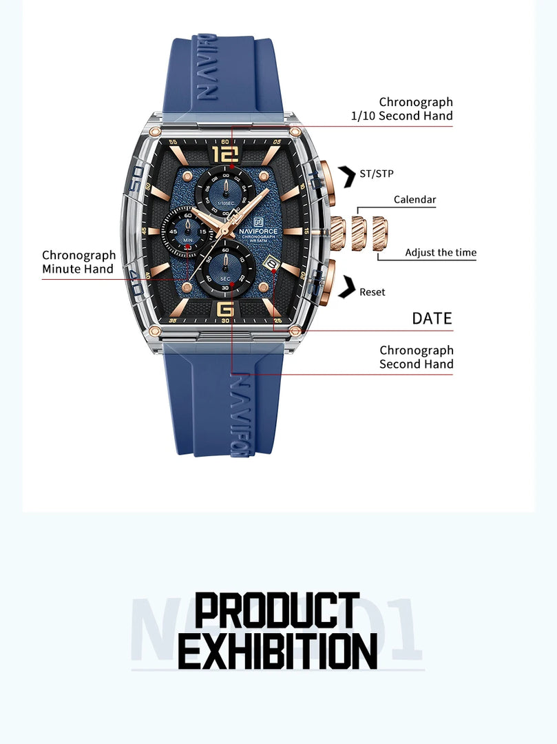 Sporty chronograph watch with silicone strap for men