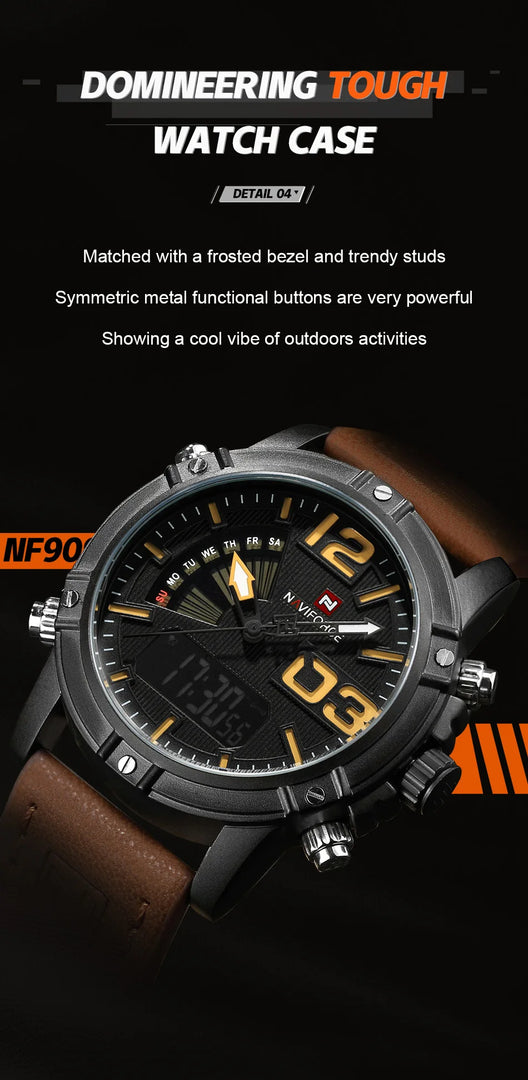 9095 Men's Fashion Quartz Analog Sport Watches Leather Luxury Waterproof Digital Display Date Watch for Men