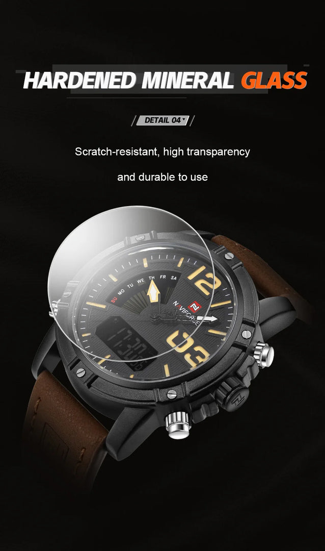 9095 Men's Fashion Quartz Analog Sport Watches Leather Luxury Waterproof Digital Display Date Watch for Men