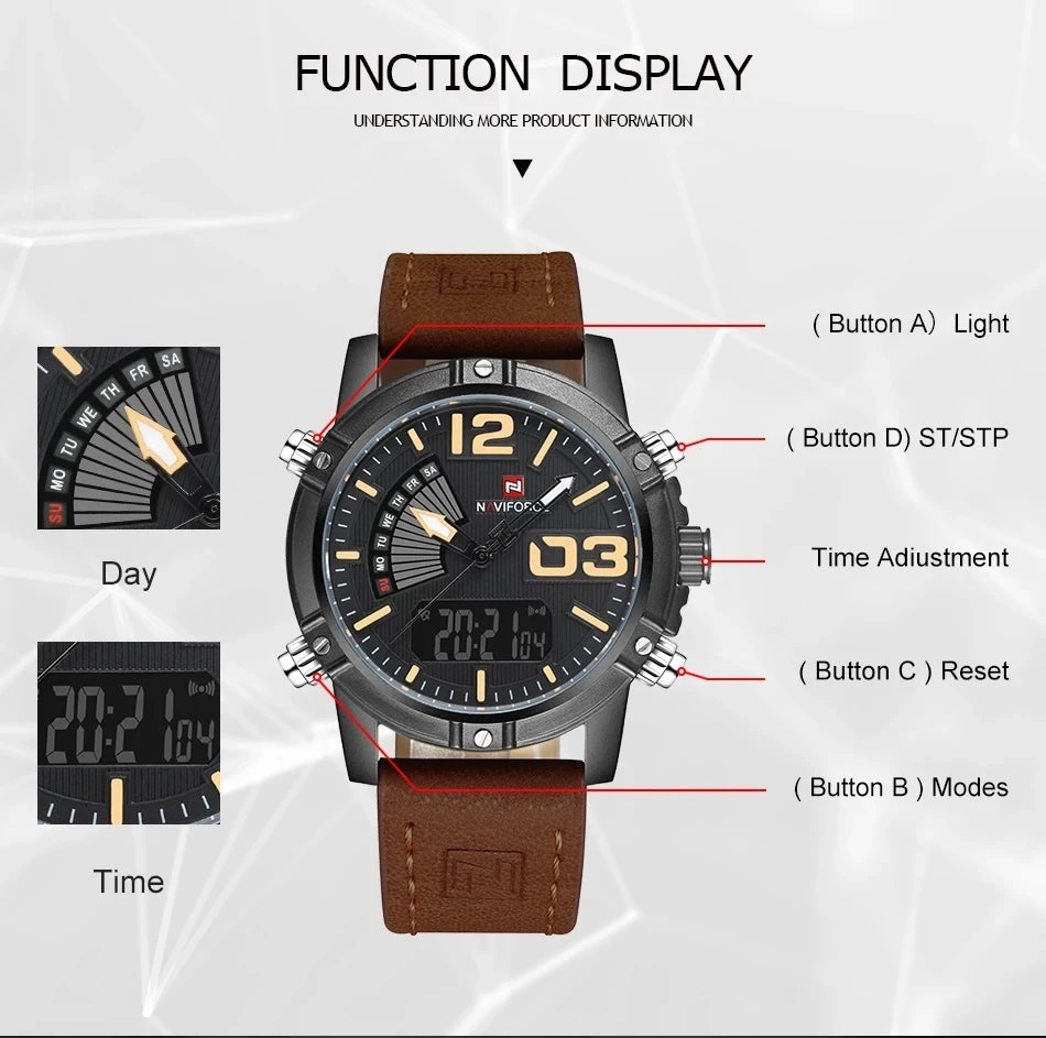 9095 Men's Fashion Quartz Analog Sport Watches Leather Luxury Waterproof Digital Display Date Watch for Men