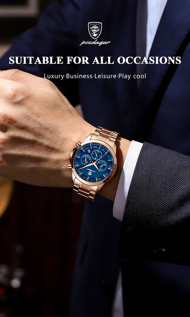 POEDAGAR 928 P928 Men Genuine Leather Stainless Band Quartz Watches Men's Reloj Business Waterproof Luminous Calendar Date Watch