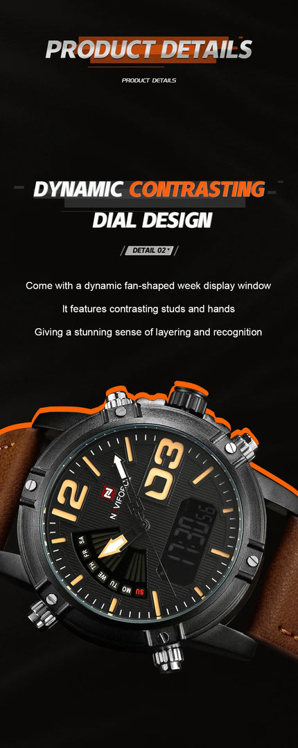 9095 Men's Fashion Quartz Analog Sport Watches Leather Luxury Waterproof Digital Display Date Watch for Men