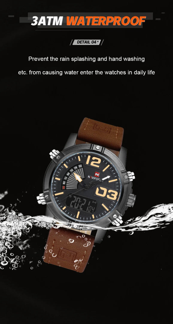 9095 Men's Fashion Quartz Analog Sport Watches Leather Luxury Waterproof Digital Display Date Watch for Men