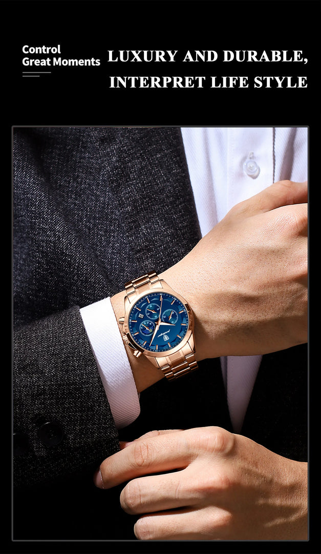 POEDAGAR 928 P928 Men Genuine Leather Stainless Band Quartz Watches Men's Reloj Business Waterproof Luminous Calendar Date Watch