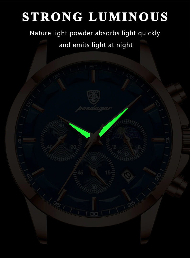 POEDAGAR 928 P928 Men Genuine Leather Stainless Band Quartz Watches Men's Reloj Business Waterproof Luminous Calendar Date Watch