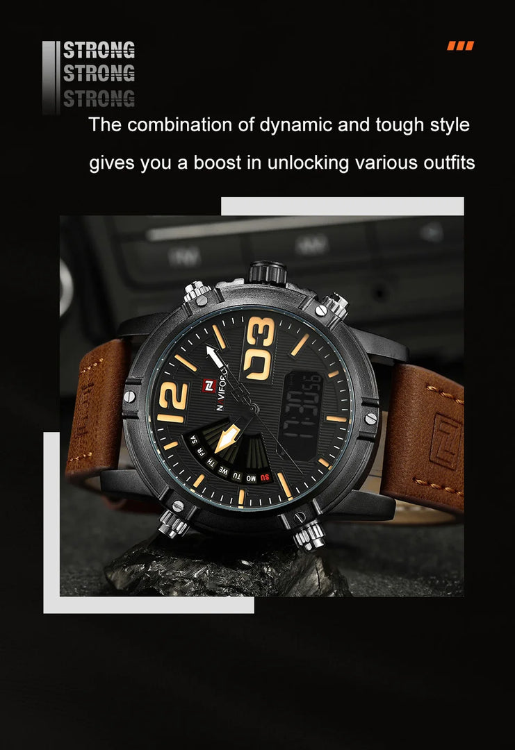 9095 Men's Fashion Quartz Analog Sport Watches Leather Luxury Waterproof Digital Display Date Watch for Men