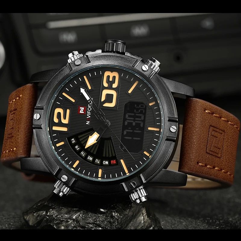 9095 Men's Fashion Quartz Analog Sport Watches Leather Luxury Waterproof Digital Display Date Watch for Men