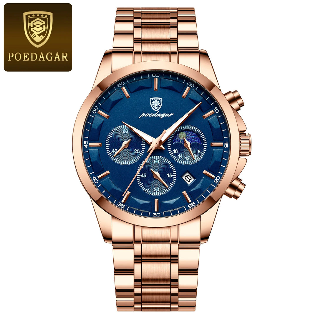 POEDAGAR 928 P928 Men Genuine Leather Stainless Band Quartz Watches Men's Reloj Business Waterproof Luminous Calendar Date Watch
