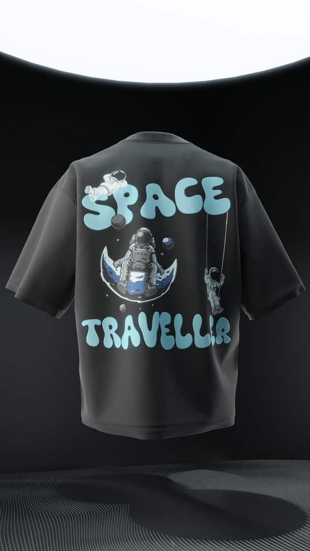 Space Traveller Puff print Oversized T-Shirt (Black)